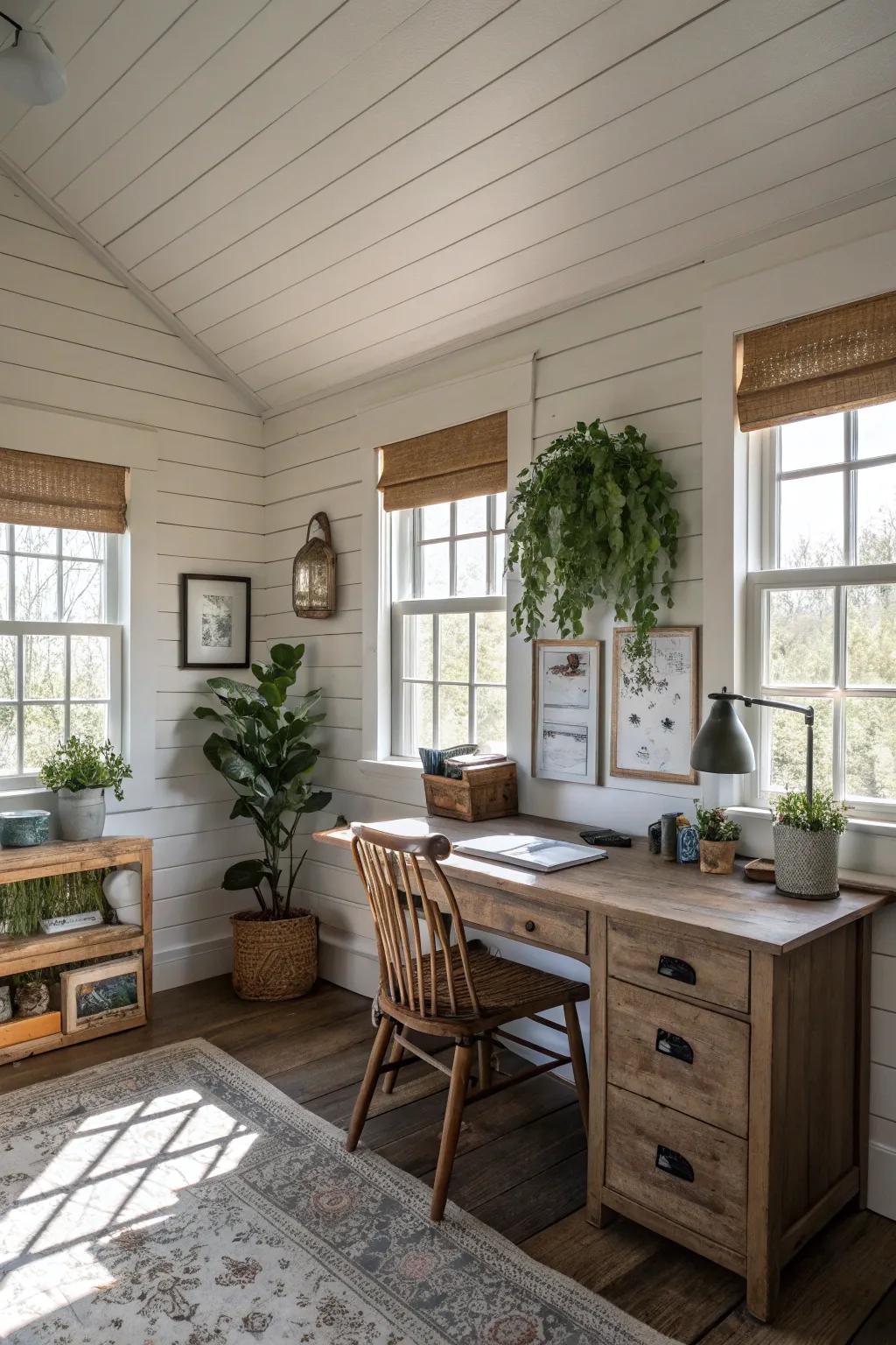 Shiplap walls fashion a radiant and welcoming office space.