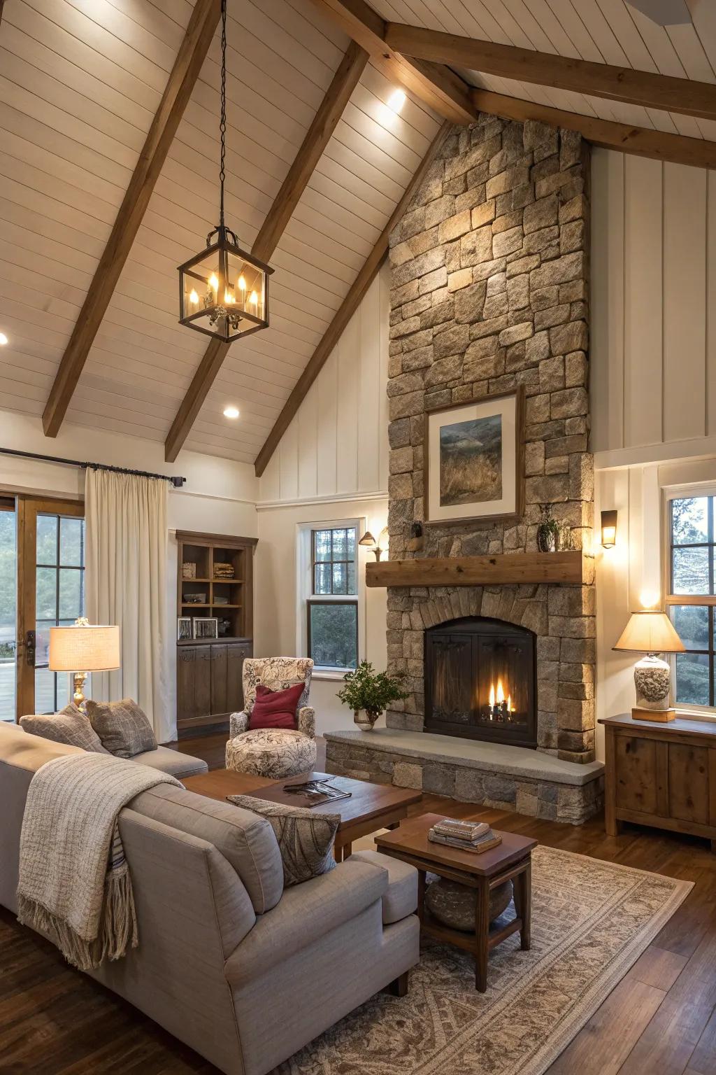 A shiplap chimney as a focal point in a farmhouse living room.