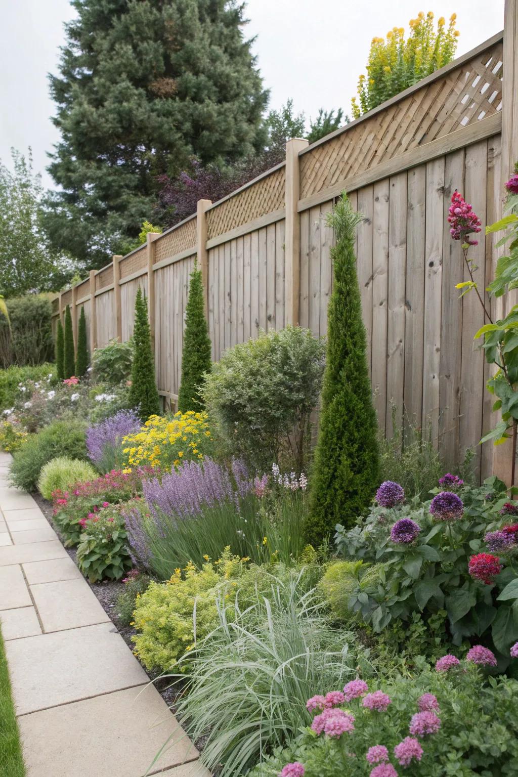 Layered plantings create depth and dimension along your fence.
