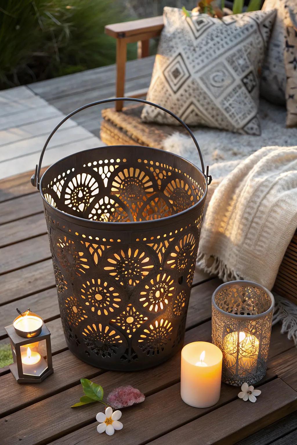 A bohemian fire pit basket that casts captivating shadows, perfect for a whimsical outdoor space.