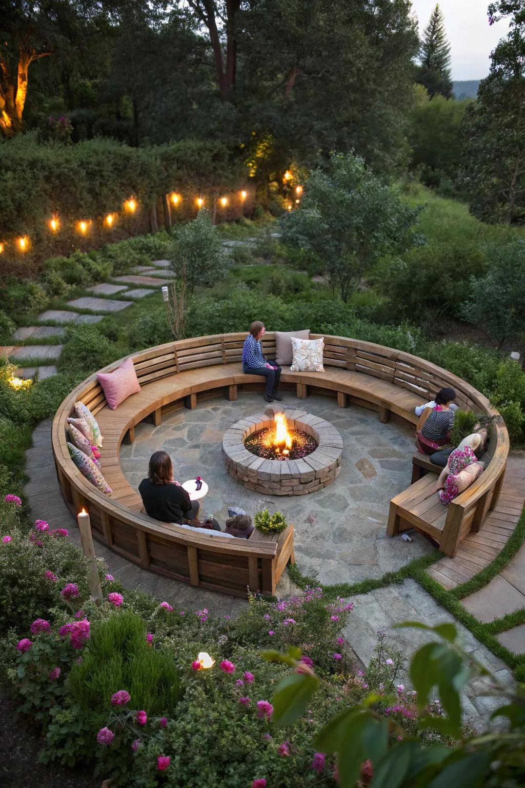 A circular seating layout encourages interaction and intimacy around the fire pit.