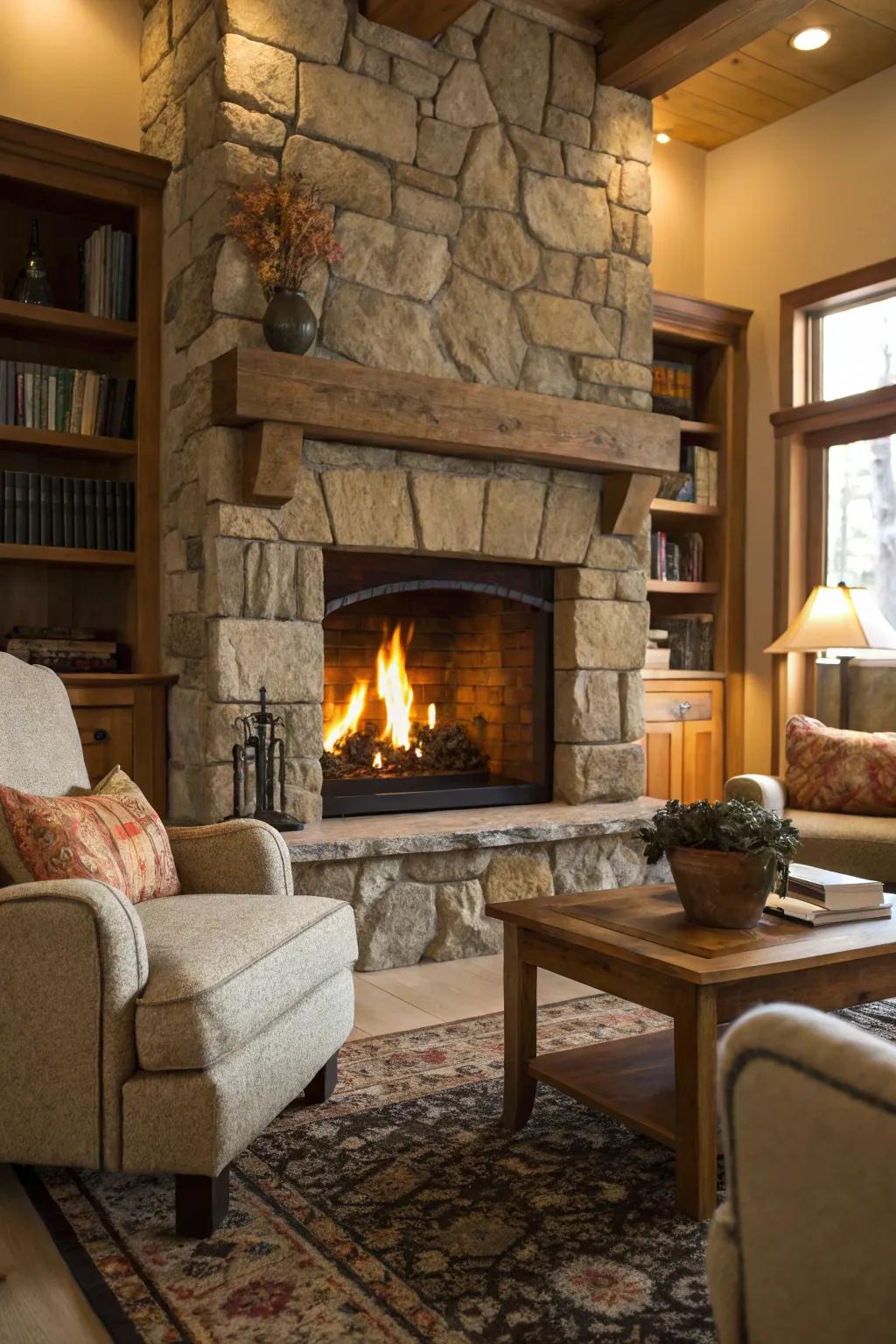 Natural stone gives the fireplace an earthy and timeless look.