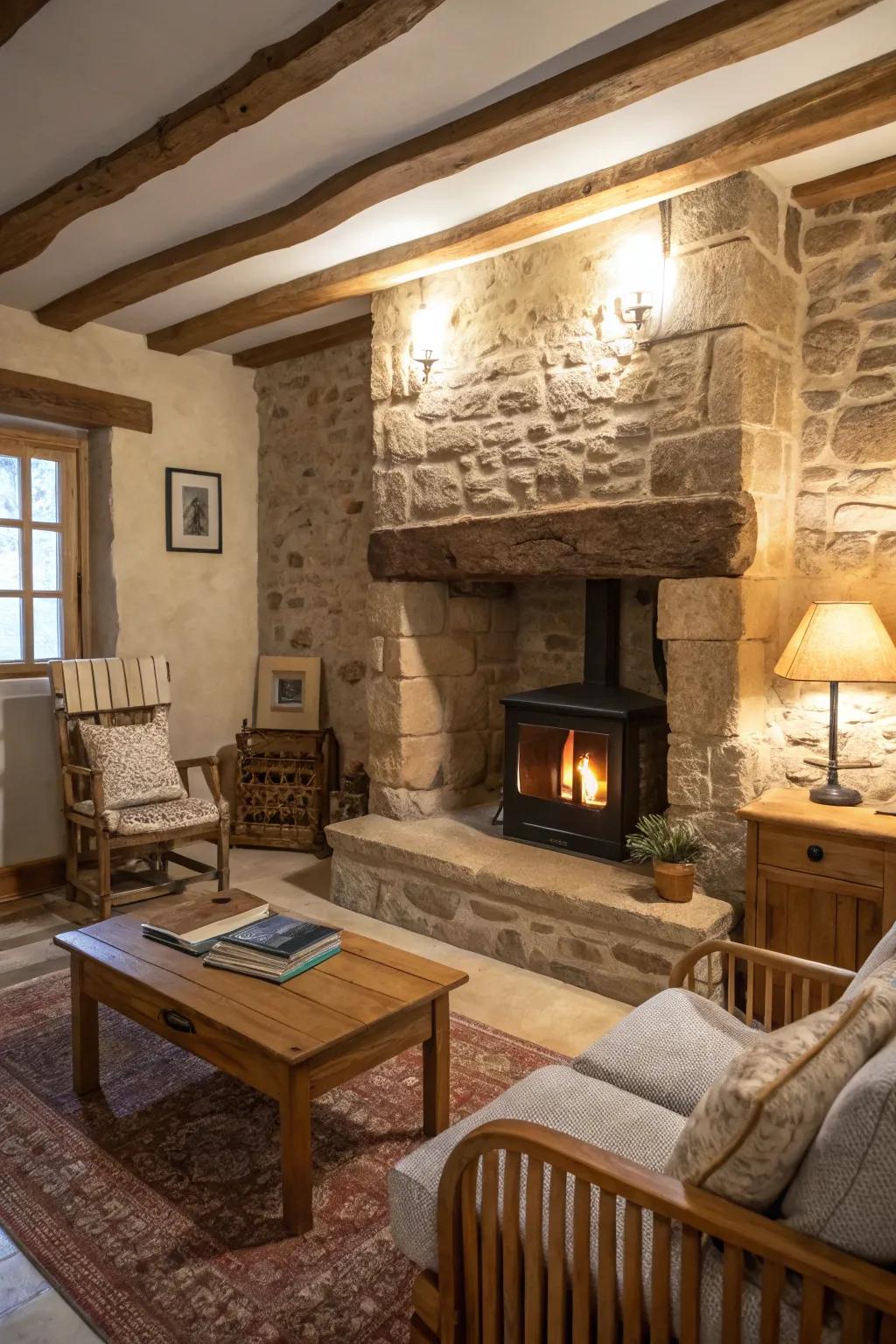Natural stone framing adds warmth and texture to your fireplace.