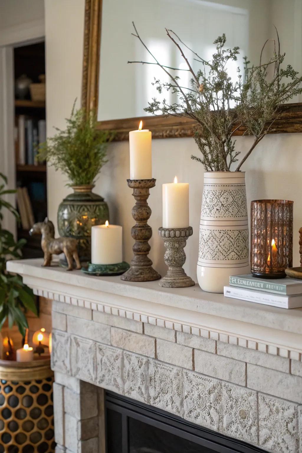 A layered mantel display with wax lights and vases creating texture.