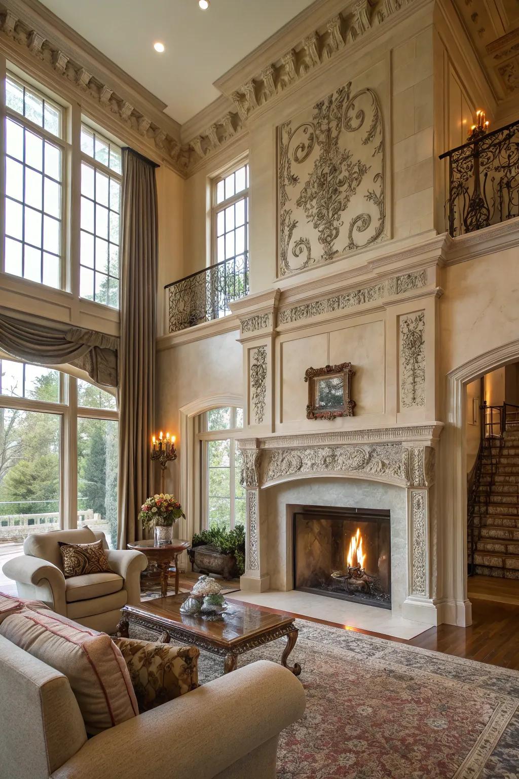 Elaborate moldings elevate the overall sophistication of the fireplace.