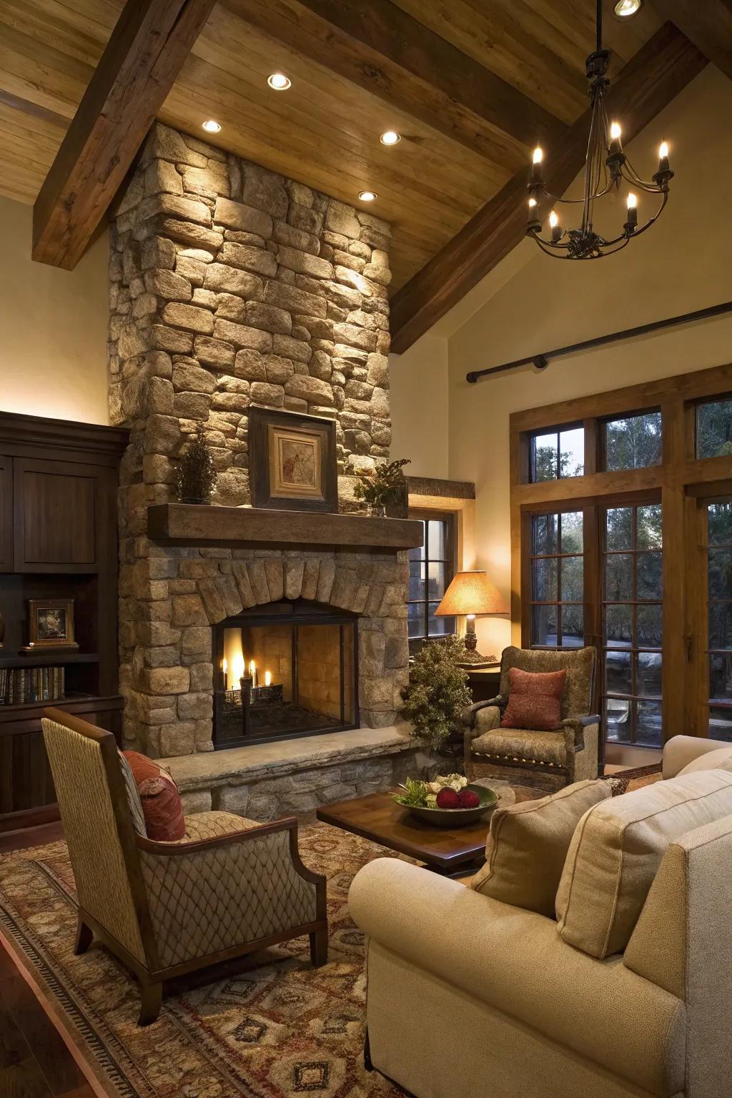 A classic living room shines with a fireplace decked out in stacked stone—so timeless and stylish.