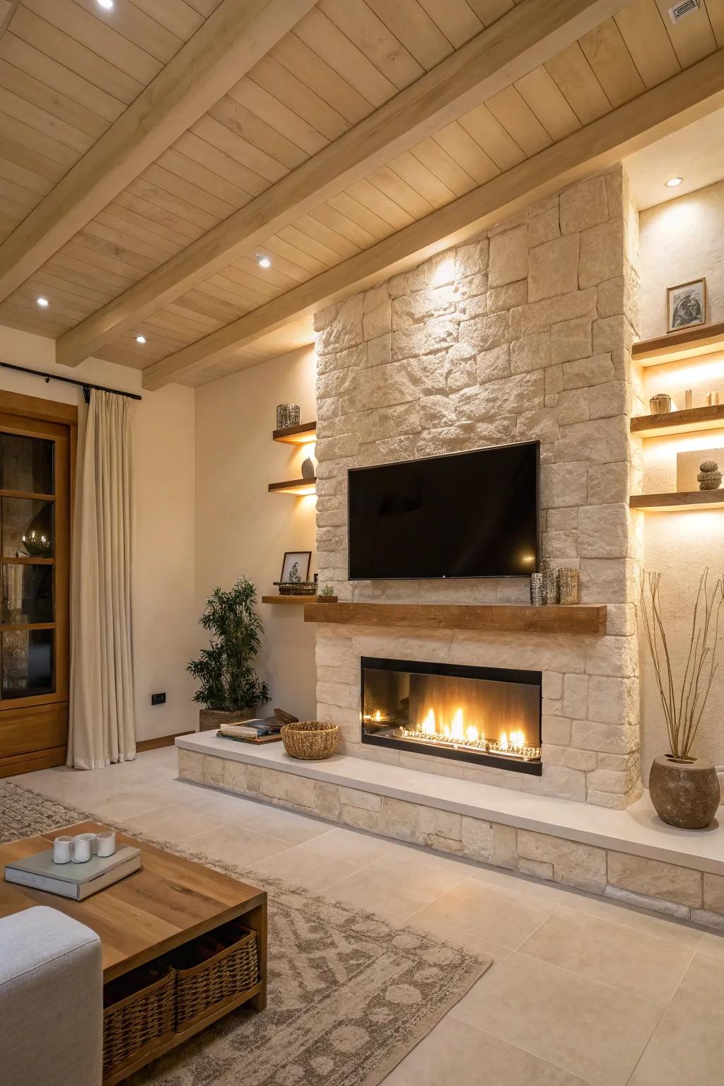 Embrace the allure of simplicity with a minimalist TV and fireplace arrangement.