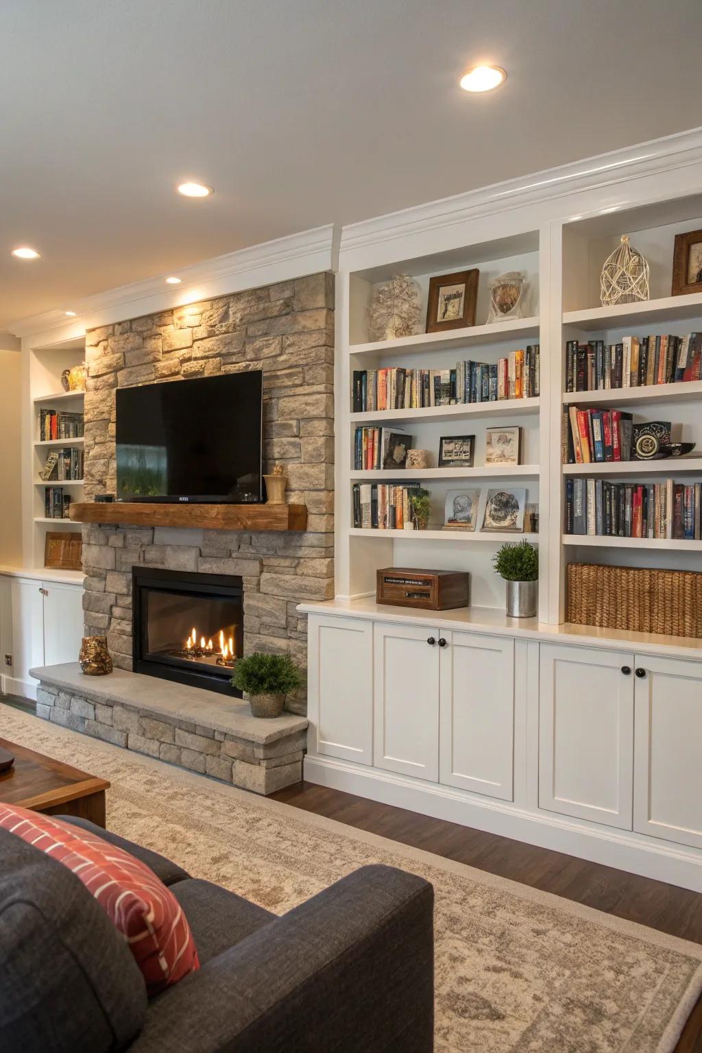 Family room with fashionable fitted shelving around a fireplace wall and TV.