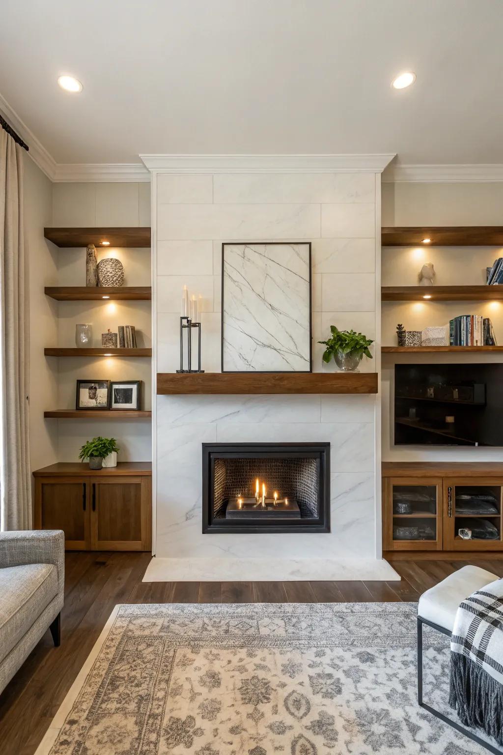 Embrace modern minimalism with sleek shelves and a minimalist fireplace.