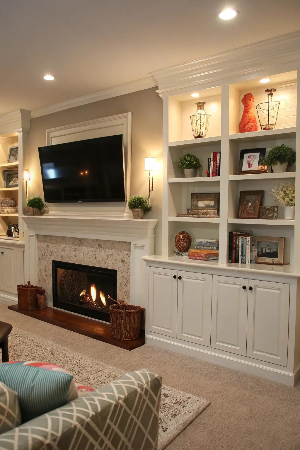 Built-in shelving surrounding a fireplace with a TV above, highlighting personal decor.