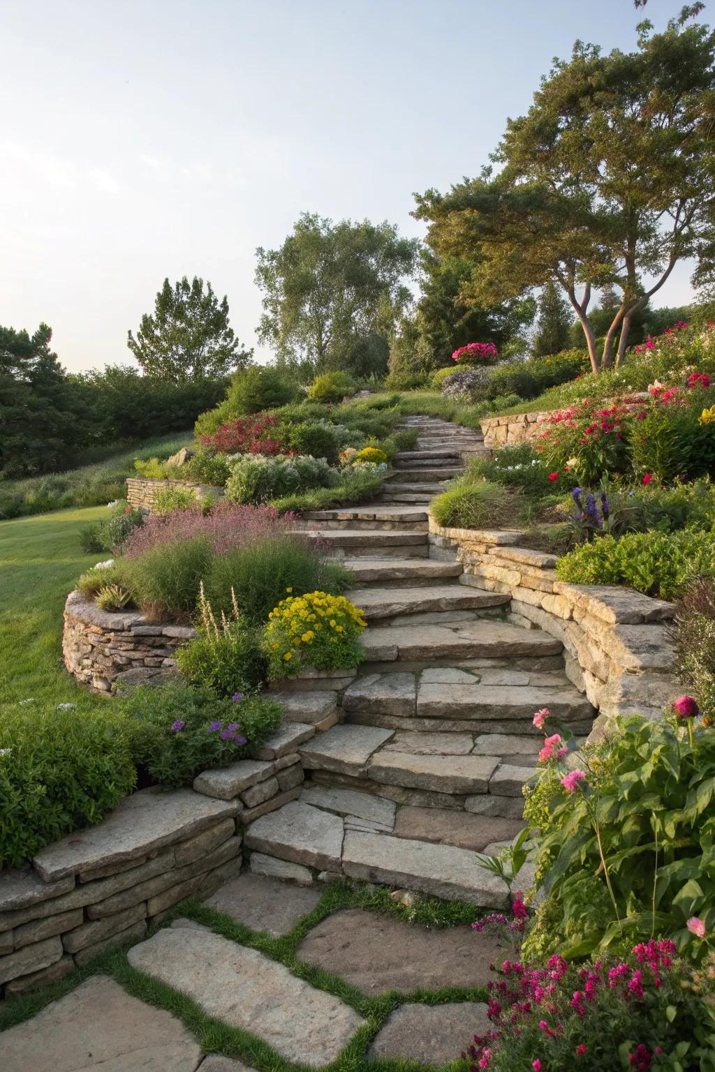 Layered flagstone edging adds dimension to gardens.