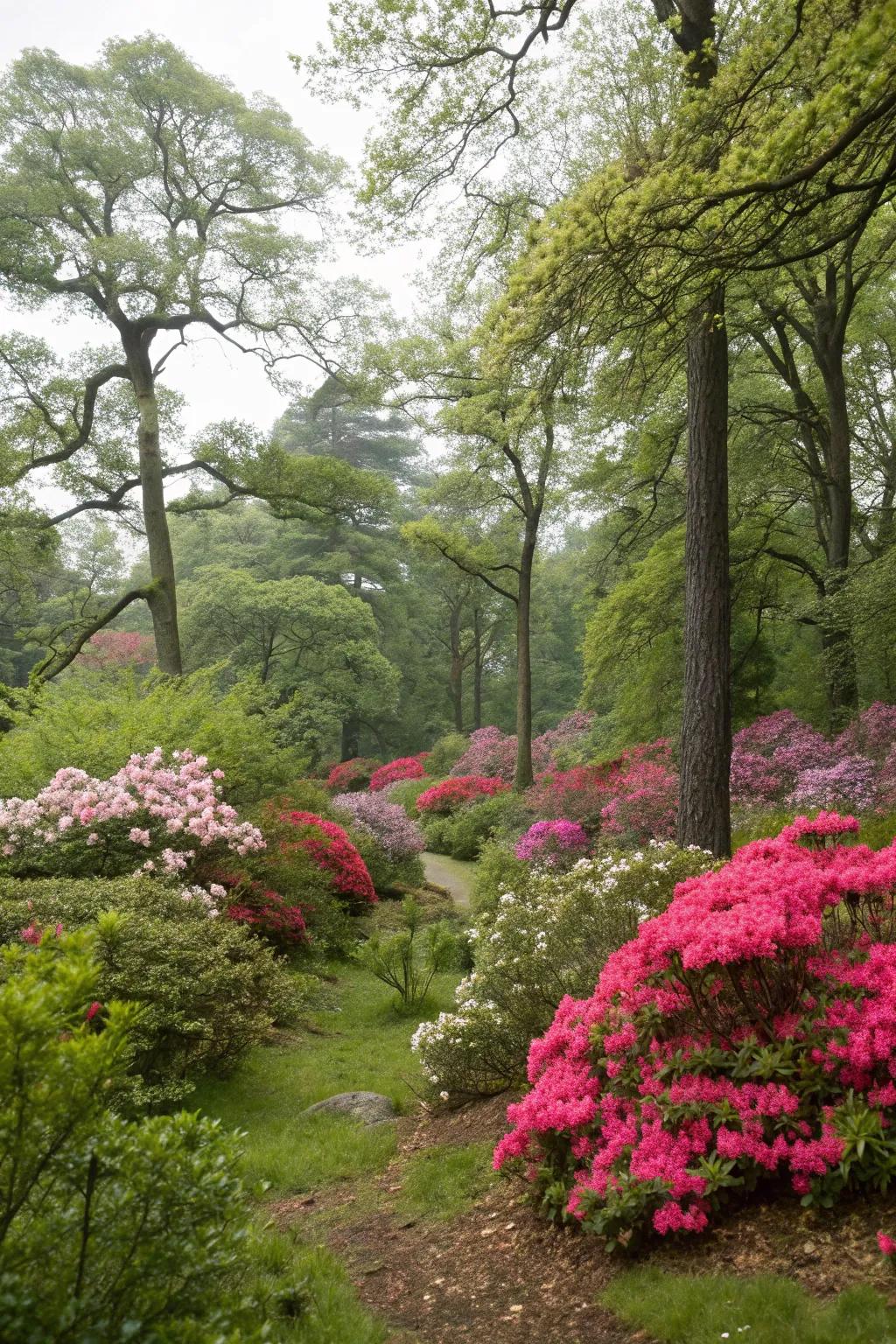 Incorporate flowering bushes into a forest-like environment for a peaceful escape.