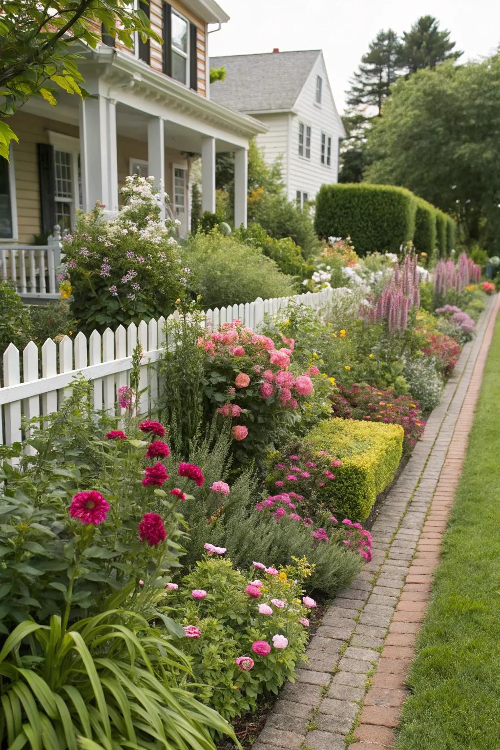A dynamic flower border featuring a mix of tall flowers and ground covers for added depth.