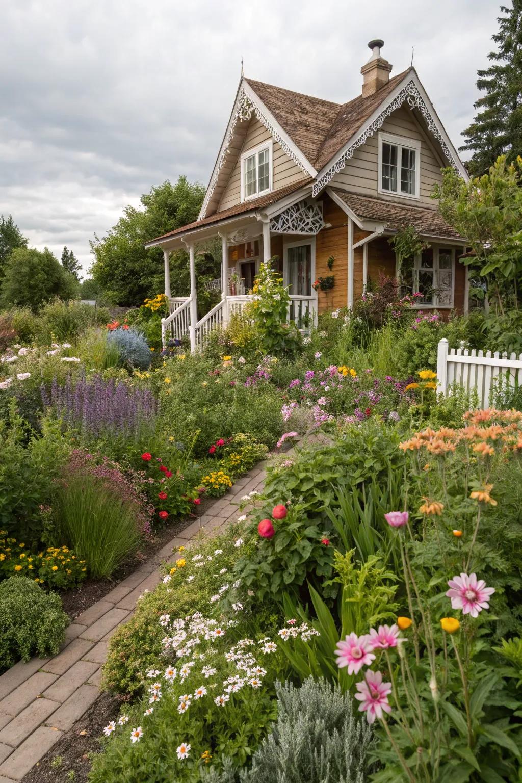 A dreamy cottage garden abundant with a mix of flowers and lush greenery.