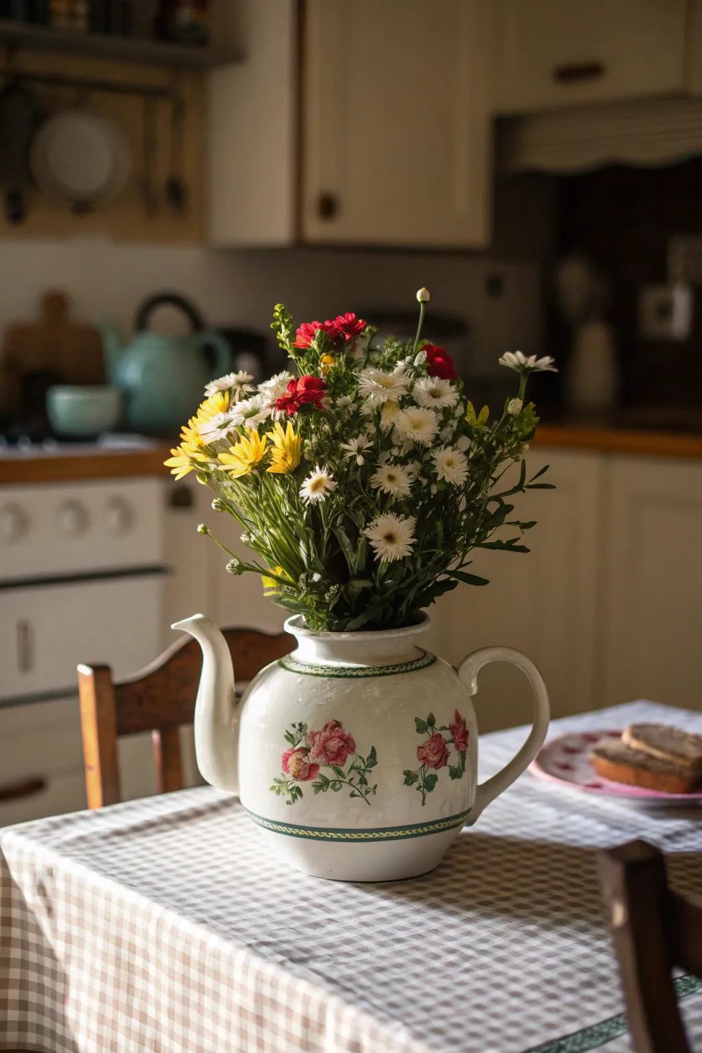 A vintage teapot transformed into a flower pot, radiating unique beauty.