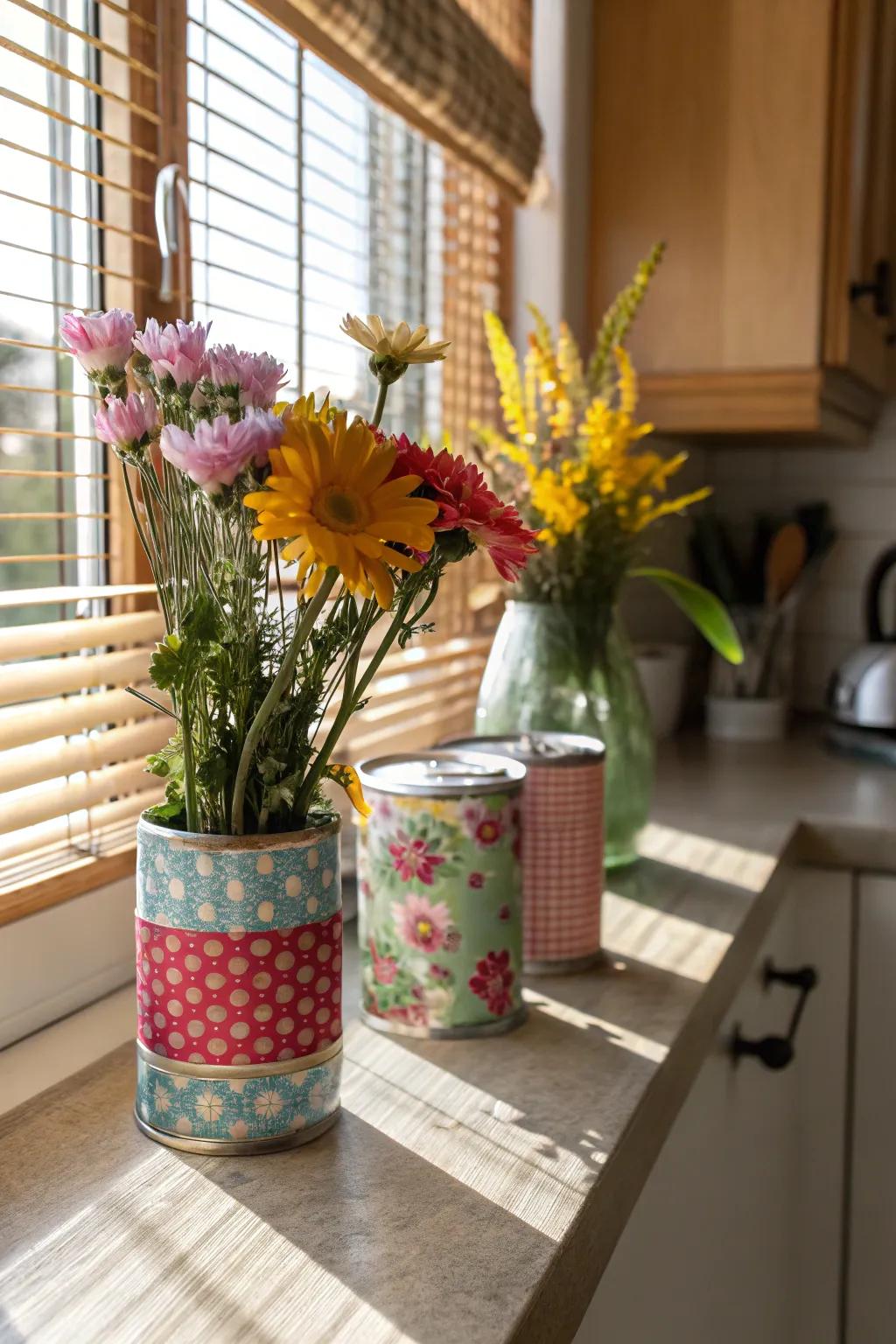 Give tin cans a second life as charming flower vases with a personal touch.