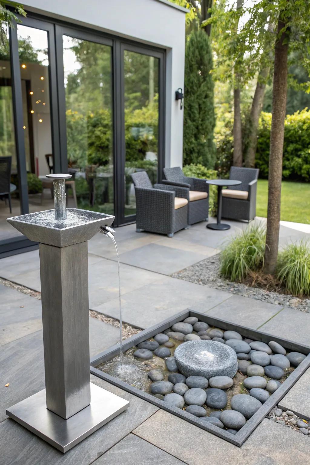 Modern minimalism with a sleek metal fountain.
