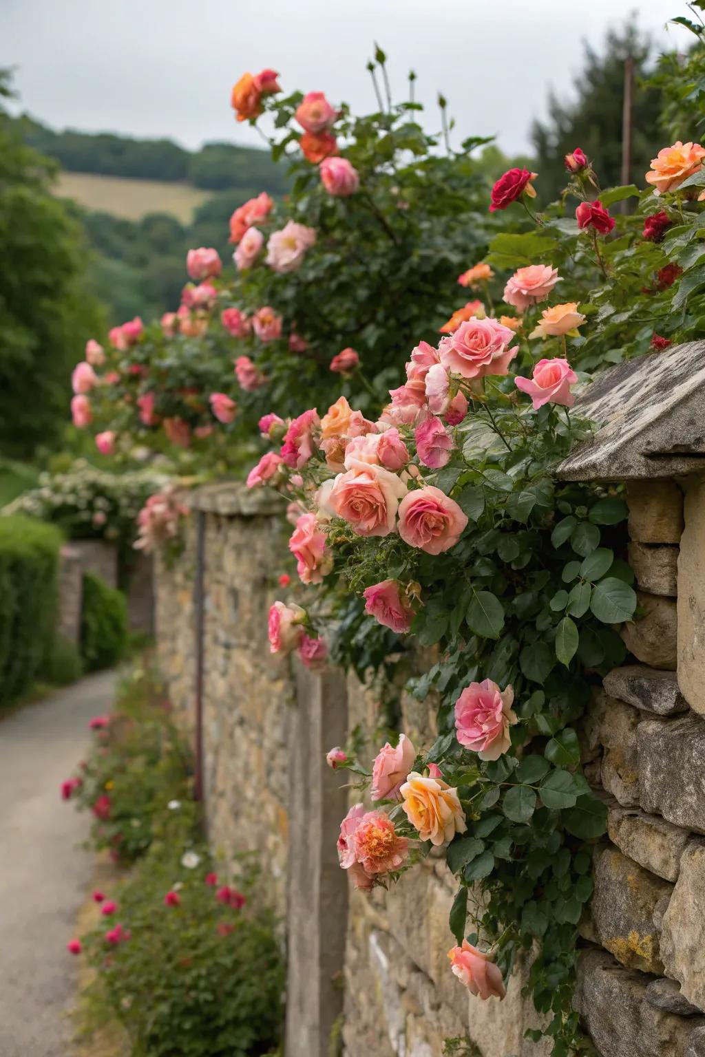 Roses in full bloom, imbuing a garden wall with romantic charm.