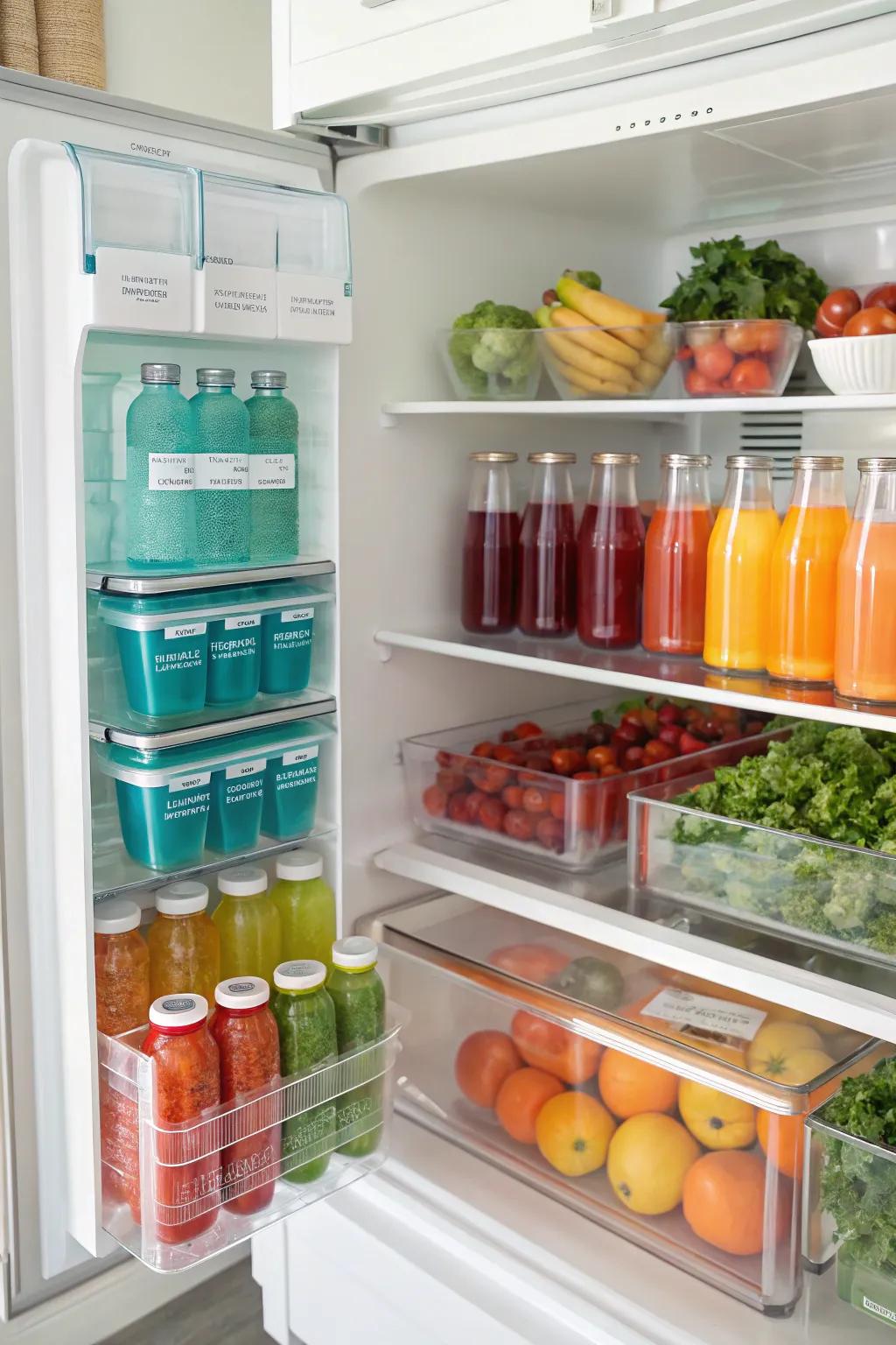 A visually appealing refrigerator with color-coordinated items.