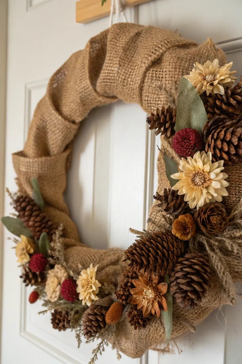A rustic burlap wreath radiating warmth and countryside charm.