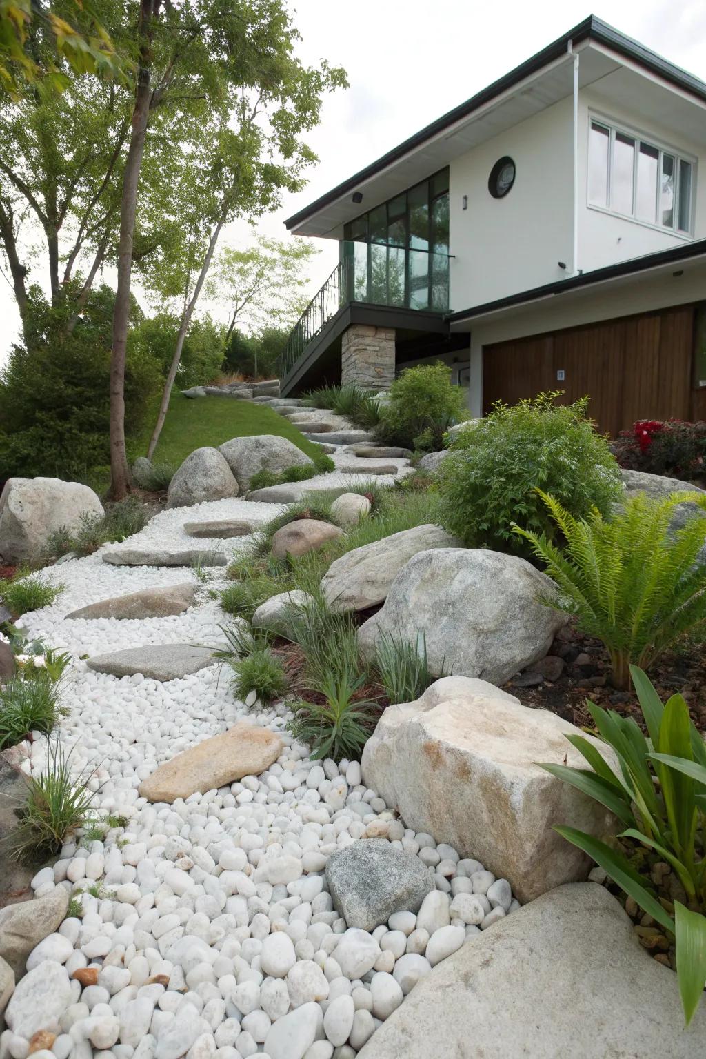 Add depth to your garden with layered white rocks.