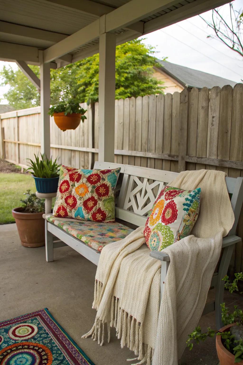 Colorful cushions and a cozy throw make this bench inviting.