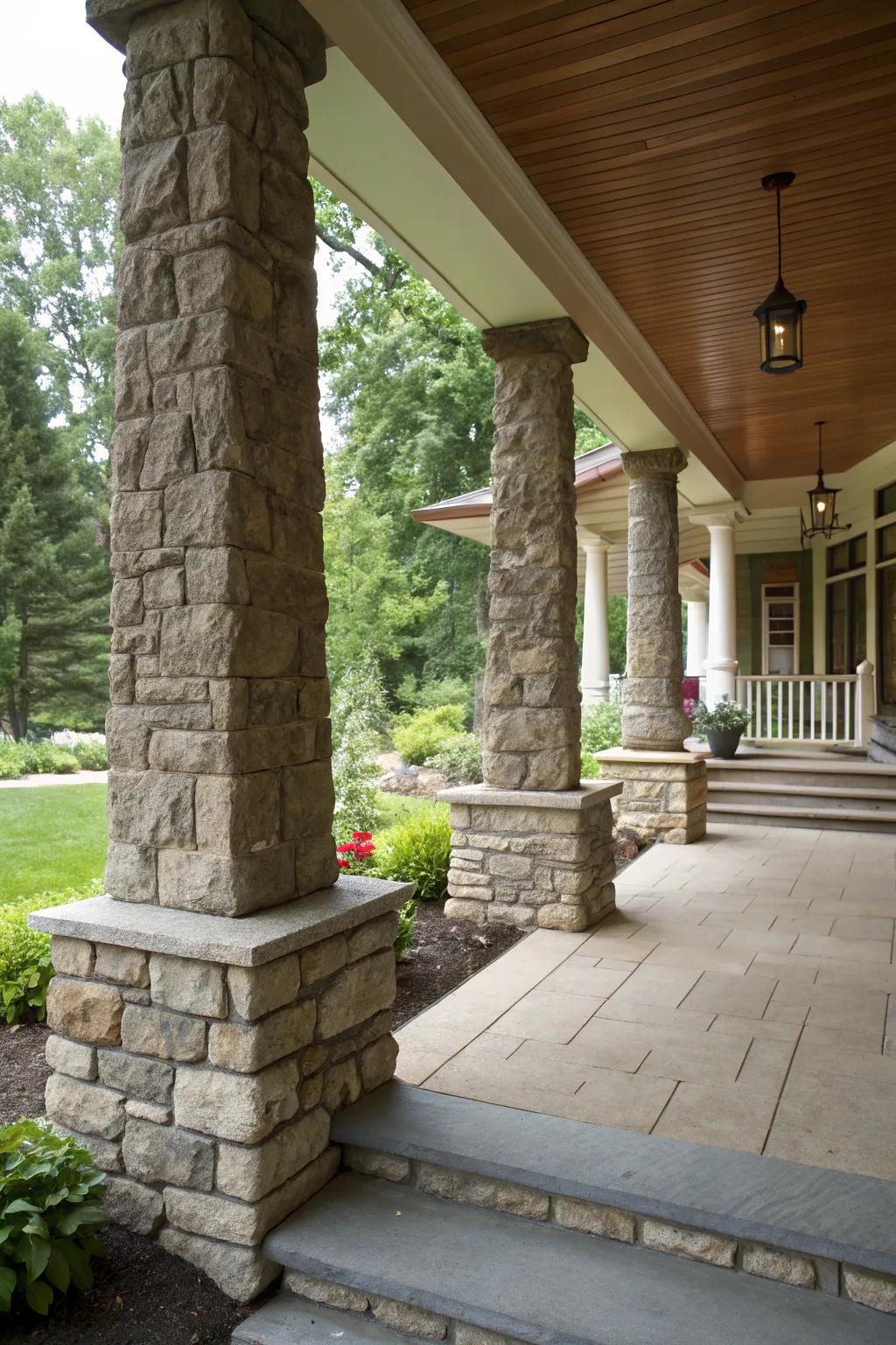 Rock bases on porch columns bring dimension and a hint of class.