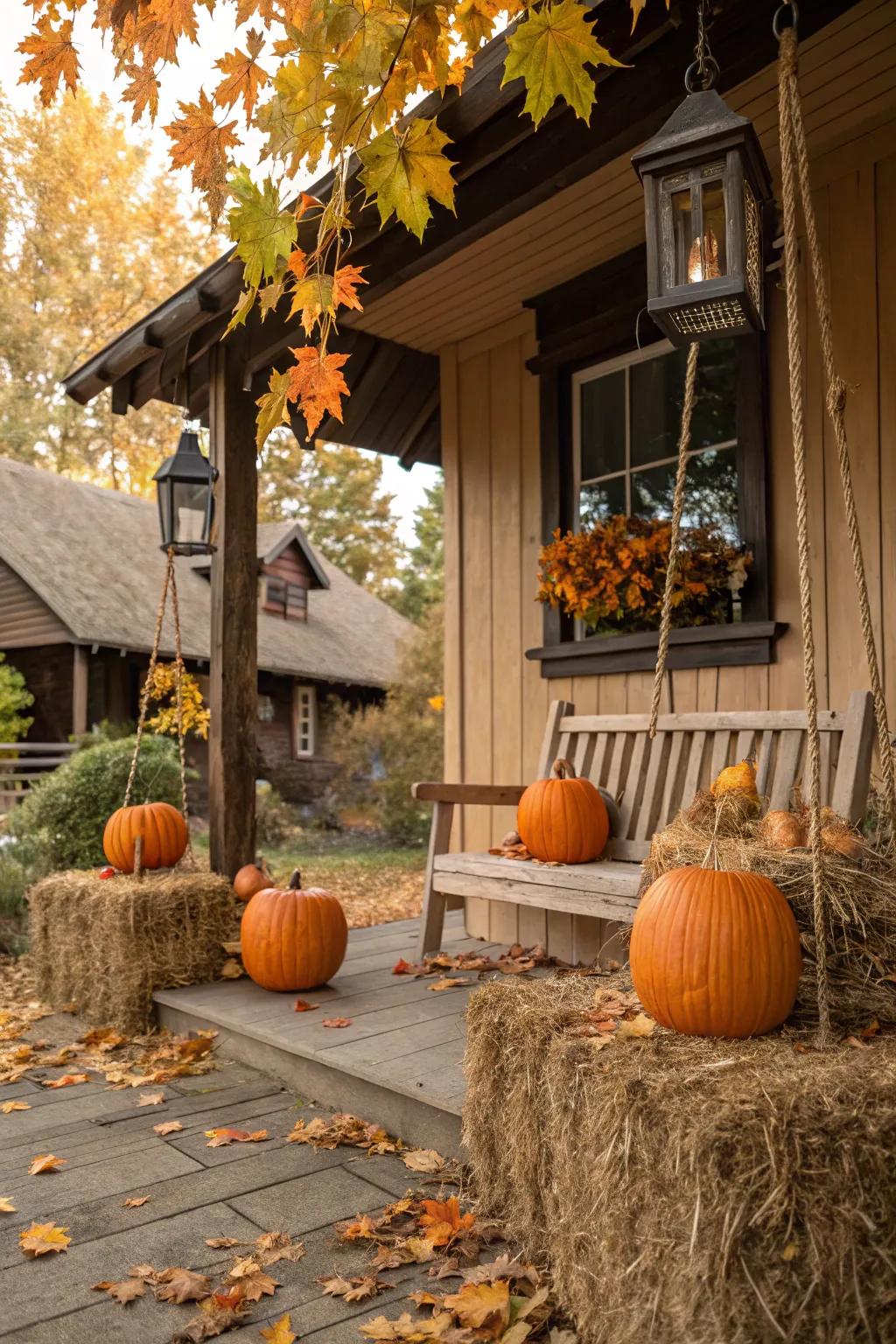 Compressed forage bestows country-style allure and elevation to pumpkin exhibits.