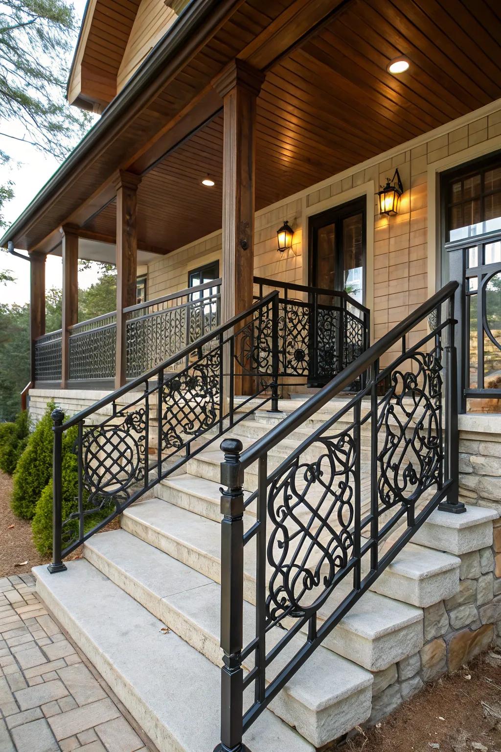 Wrought iron railings with geometric patterns for a striking porch design.