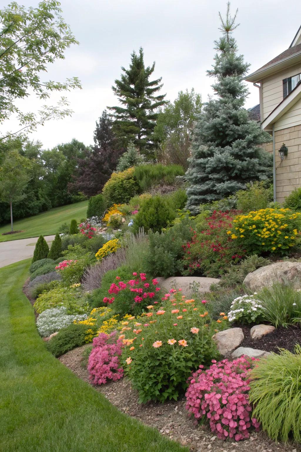 A variety of plants creates a vibrant and lively berm.
