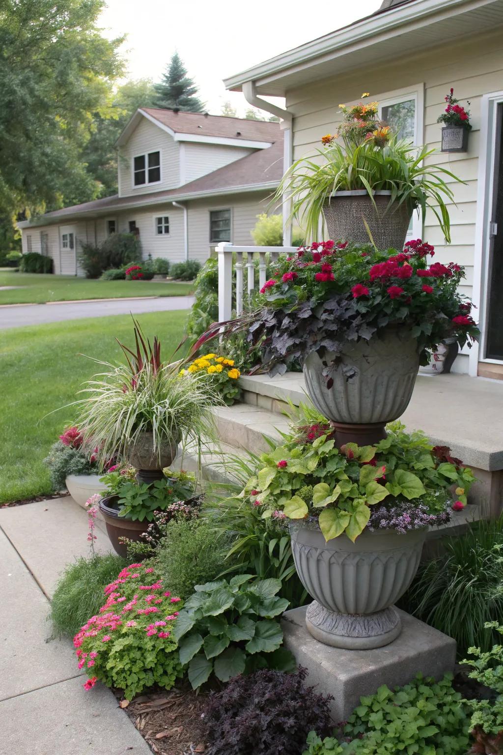 Layered arrangements add depth and dimension to the garden.