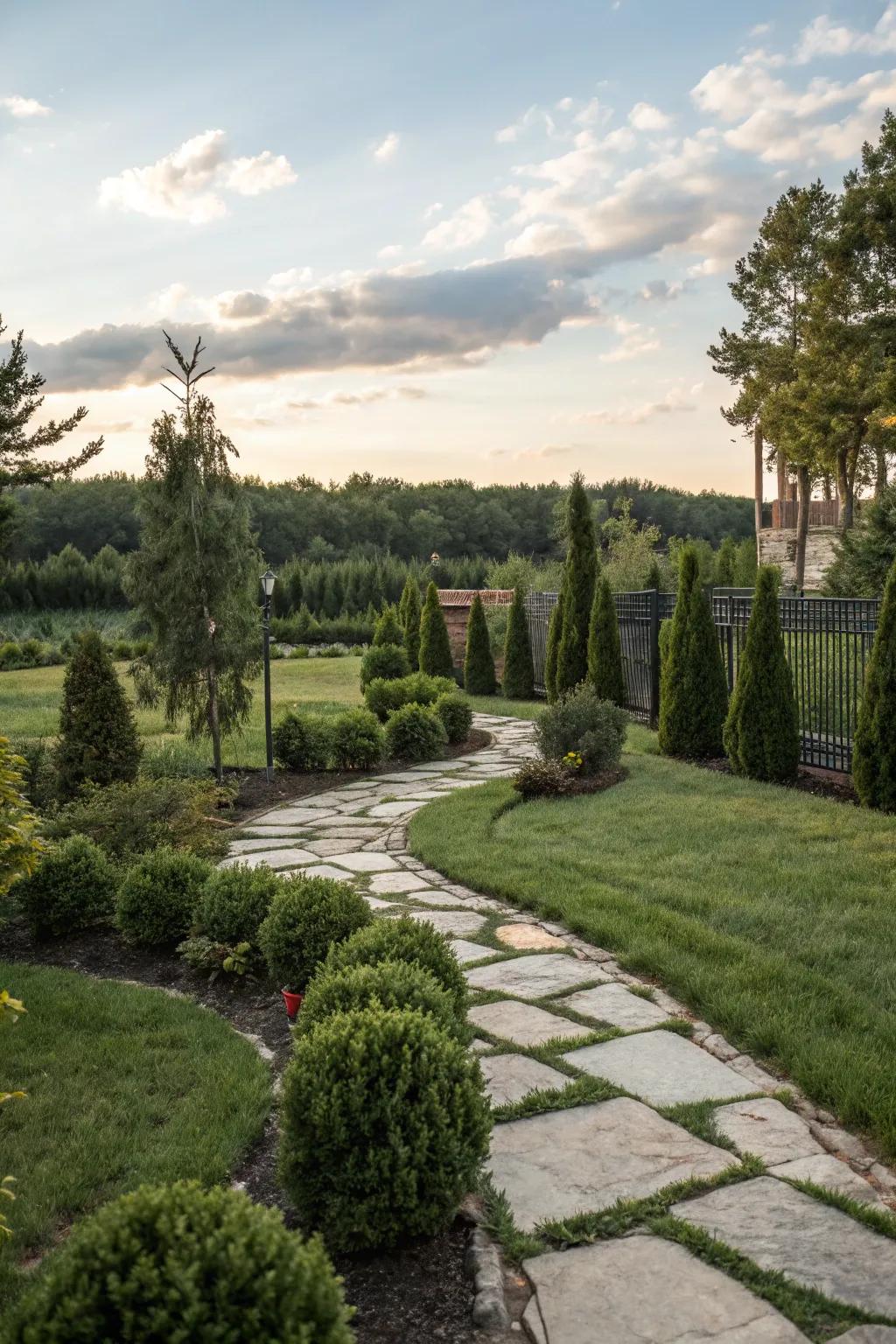 Stone walkways guide through flourishing evergreen landscaping.
