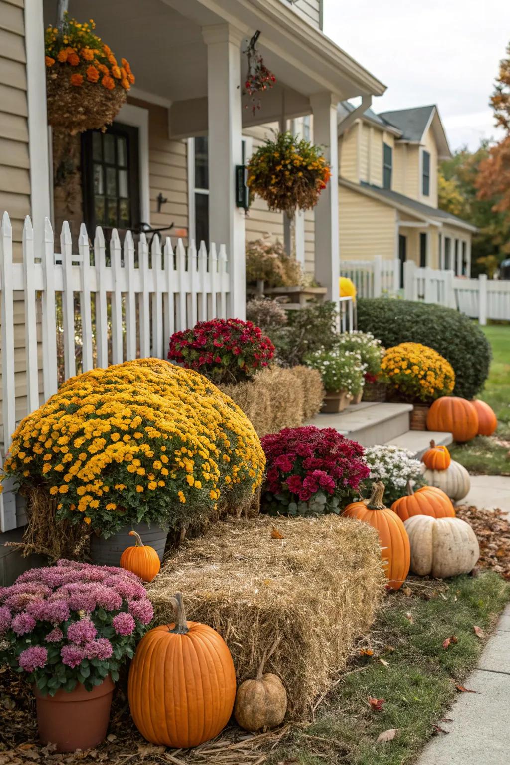 Elevate the allure of your flower beds with pumpkins and straw bundles, crafting a cozy sanctuary.