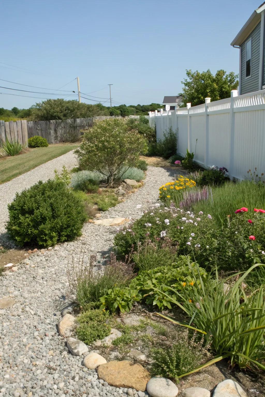 Plants strategically placed among gravel create a harmonious blend.