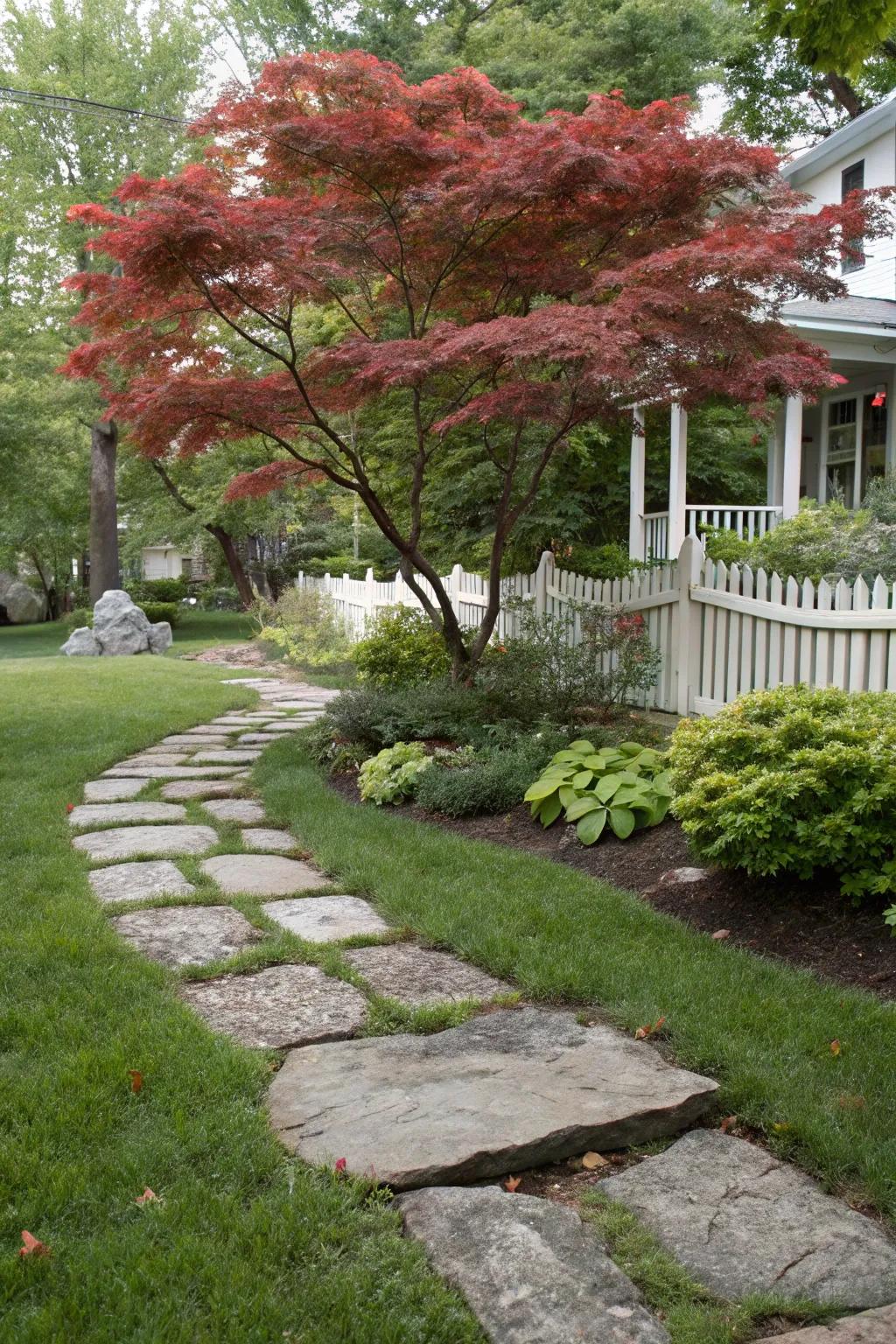 A stone pathway guides the way to a majestic Japanese maple, enhancing the yard's charm.