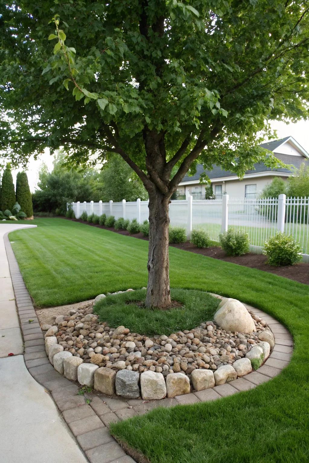 Stone and block edging deliver a traditional refinement to tree landscaping.
