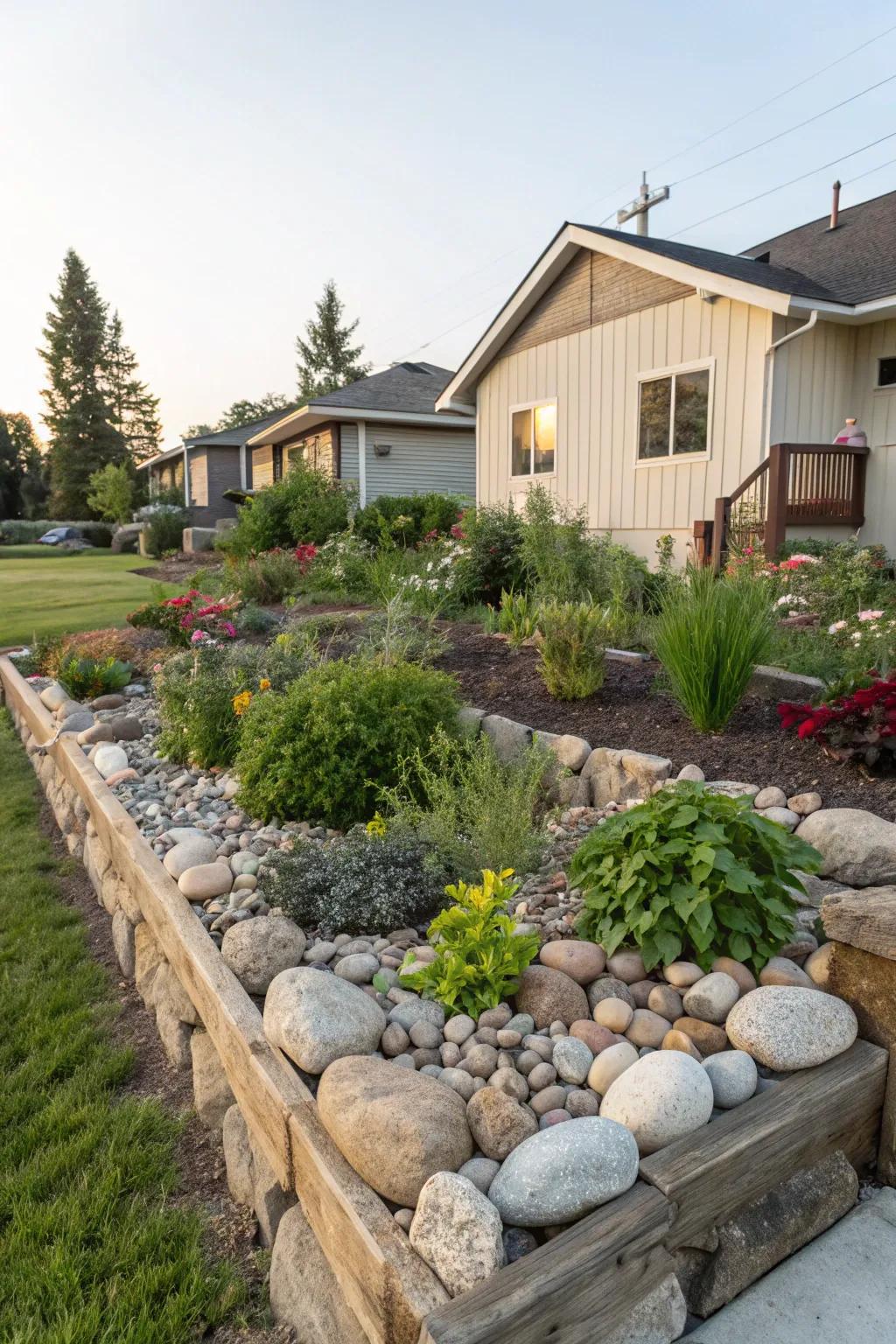 A raised rock garden bed enhancing depth and form to a front yard.