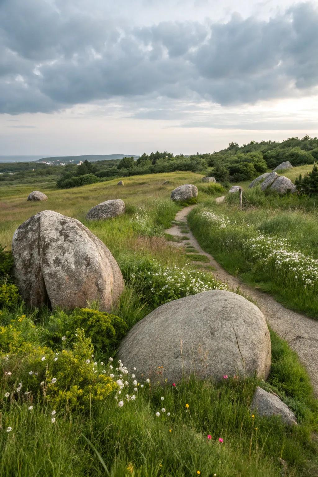 Boulders nestled in a naturalistic front yard landscape.