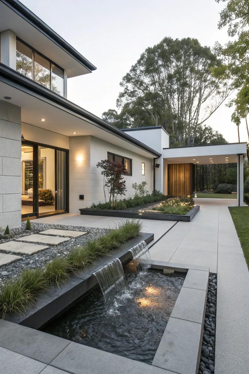 A sophisticated water display appends a tranquil aspect to modern front garden designs.