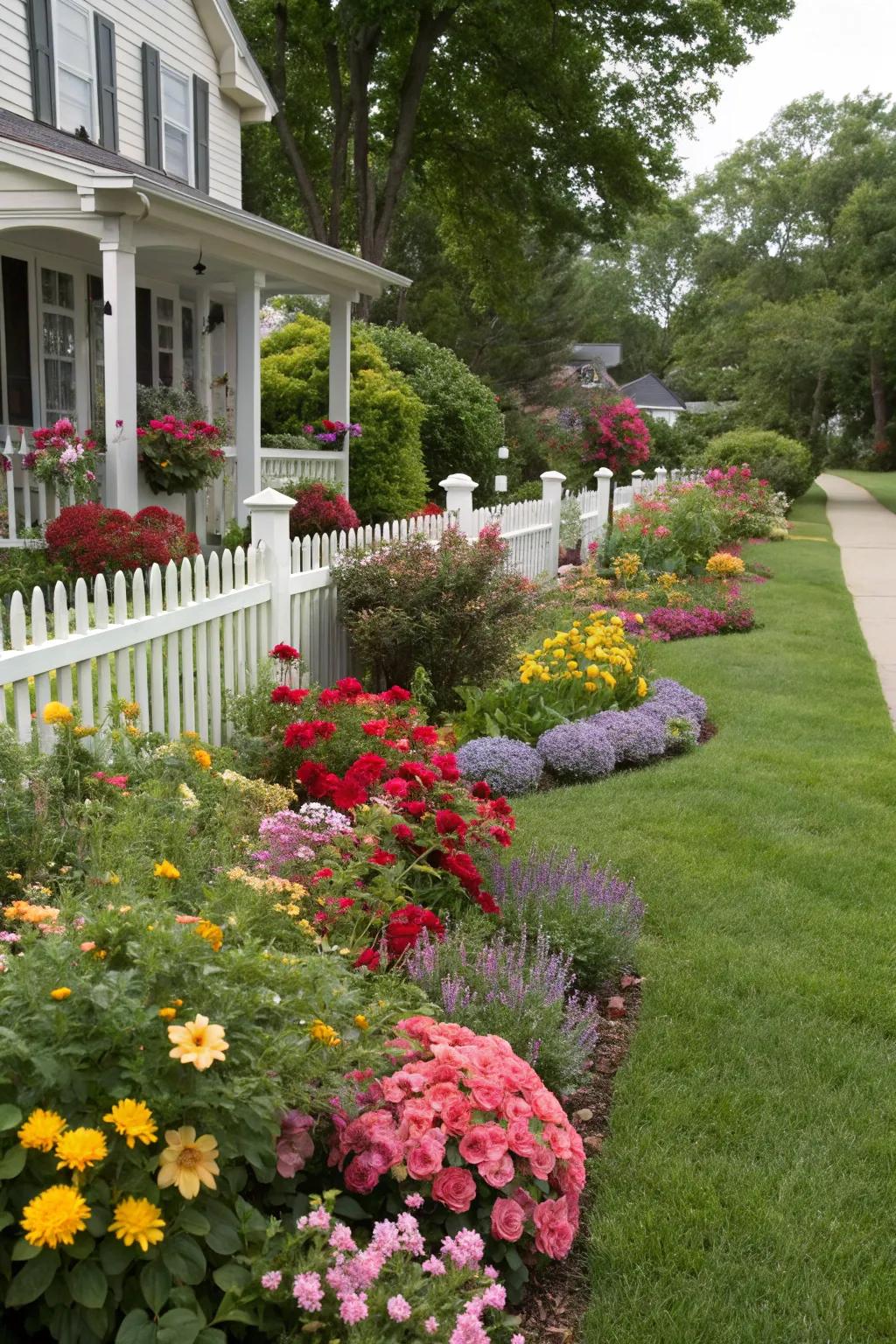 Vibrant plantings add a lively touch to a ranch-style front yard