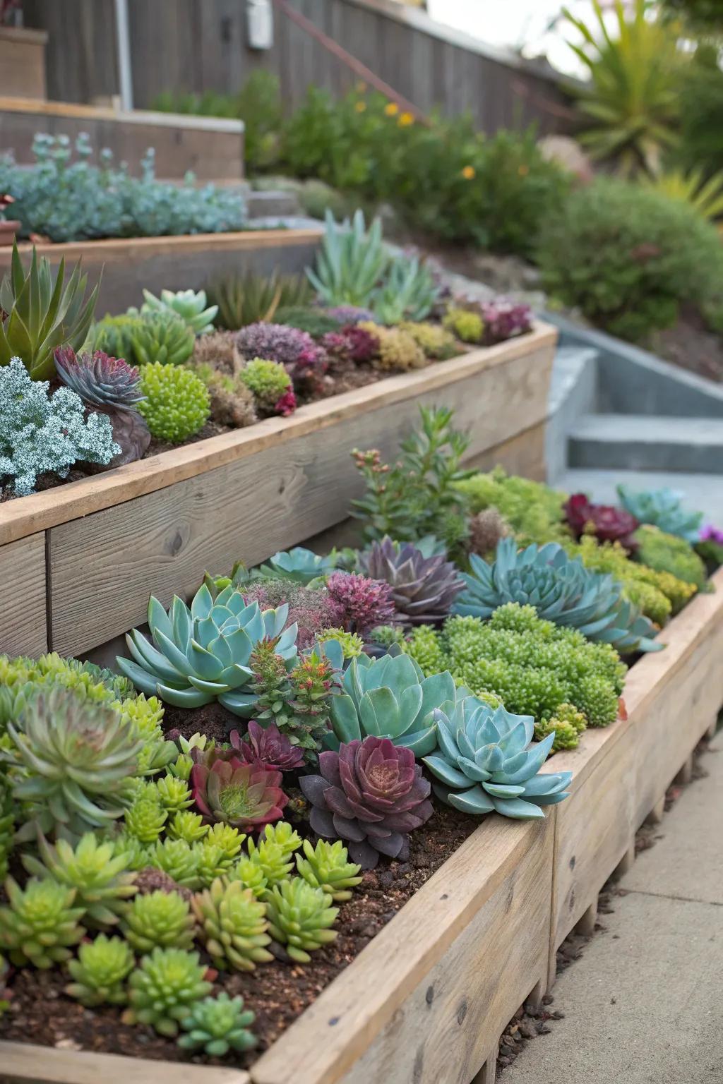 Tiered planters offer substantial depth and a striking visual presentation.