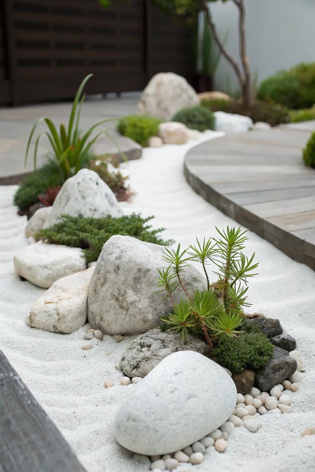 A minimalist approach with white rocks offers a peaceful garden retreat.