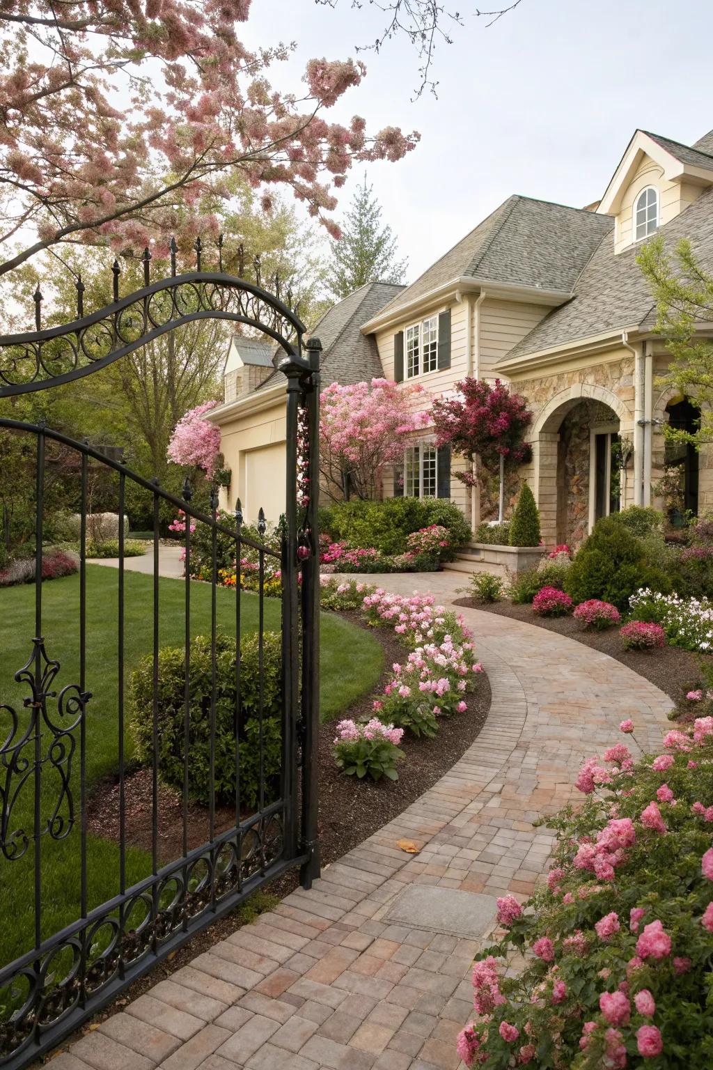 A curved forged metal barrier adding elegance to a front yard brimming with flowers.