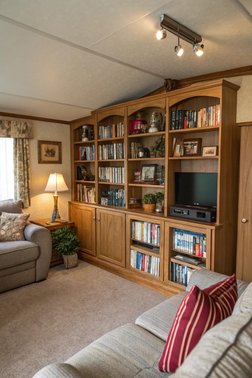 Stylish built-in shelves for added storage.