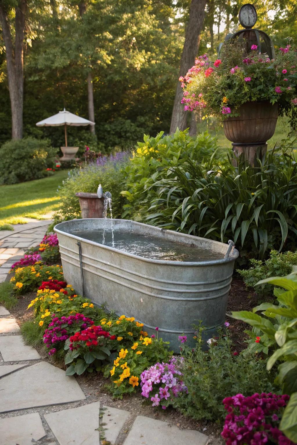 A galvanized trough fountain stands as an arresting garden centerpiece.