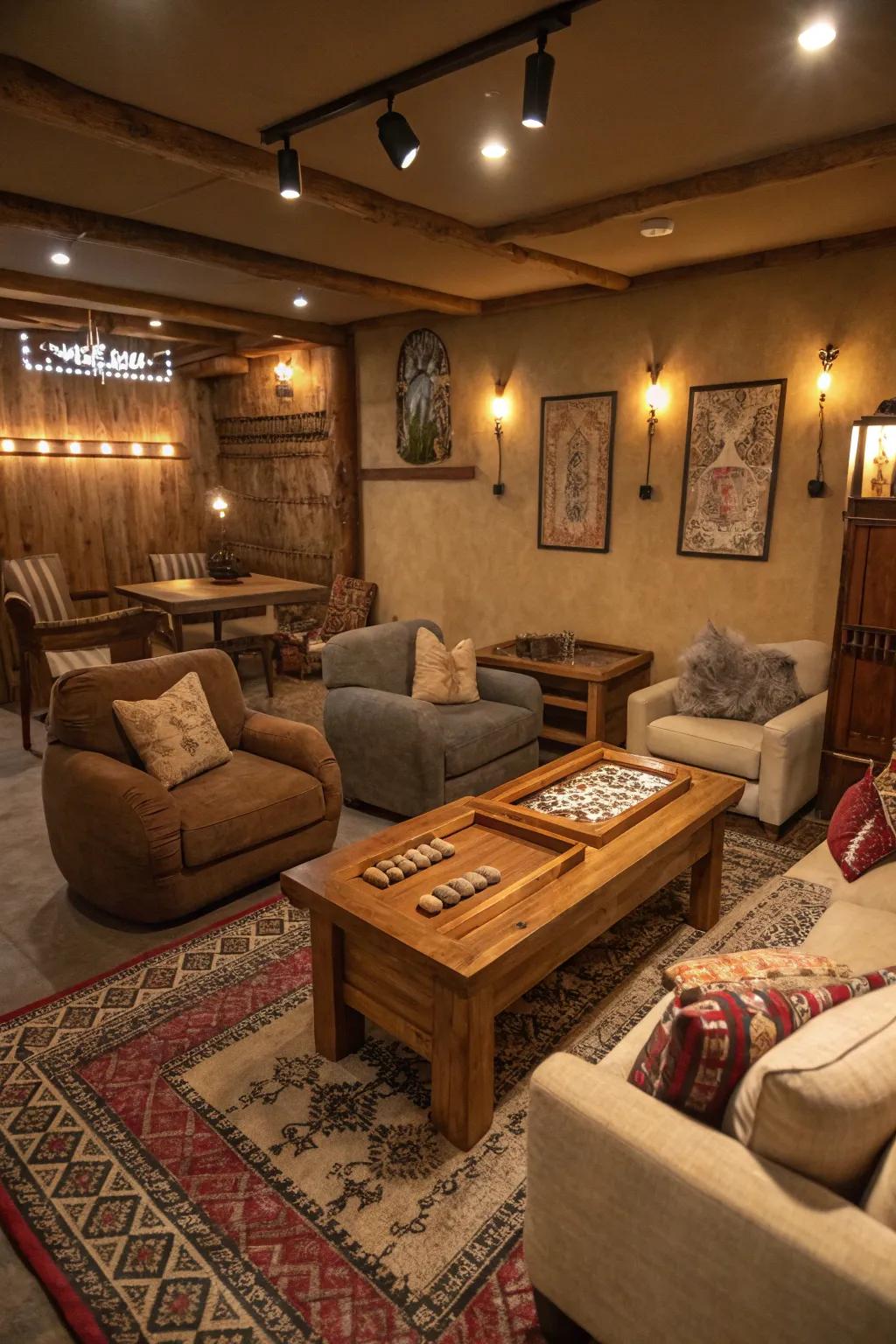 Earthy tones craft a game room environment that is warm and welcoming.