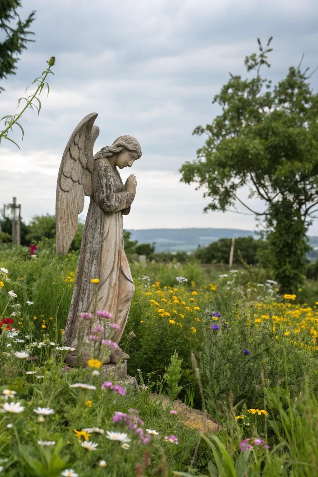 A rustic wooden angel nestled amongst the vibrant wildflowers.