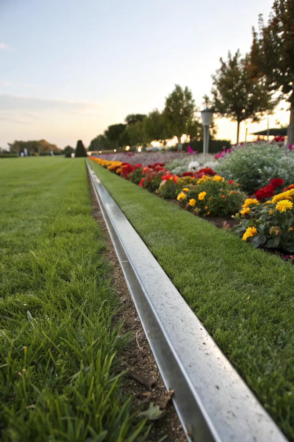 Metal edging lends a sleek, modern touch to the garden.