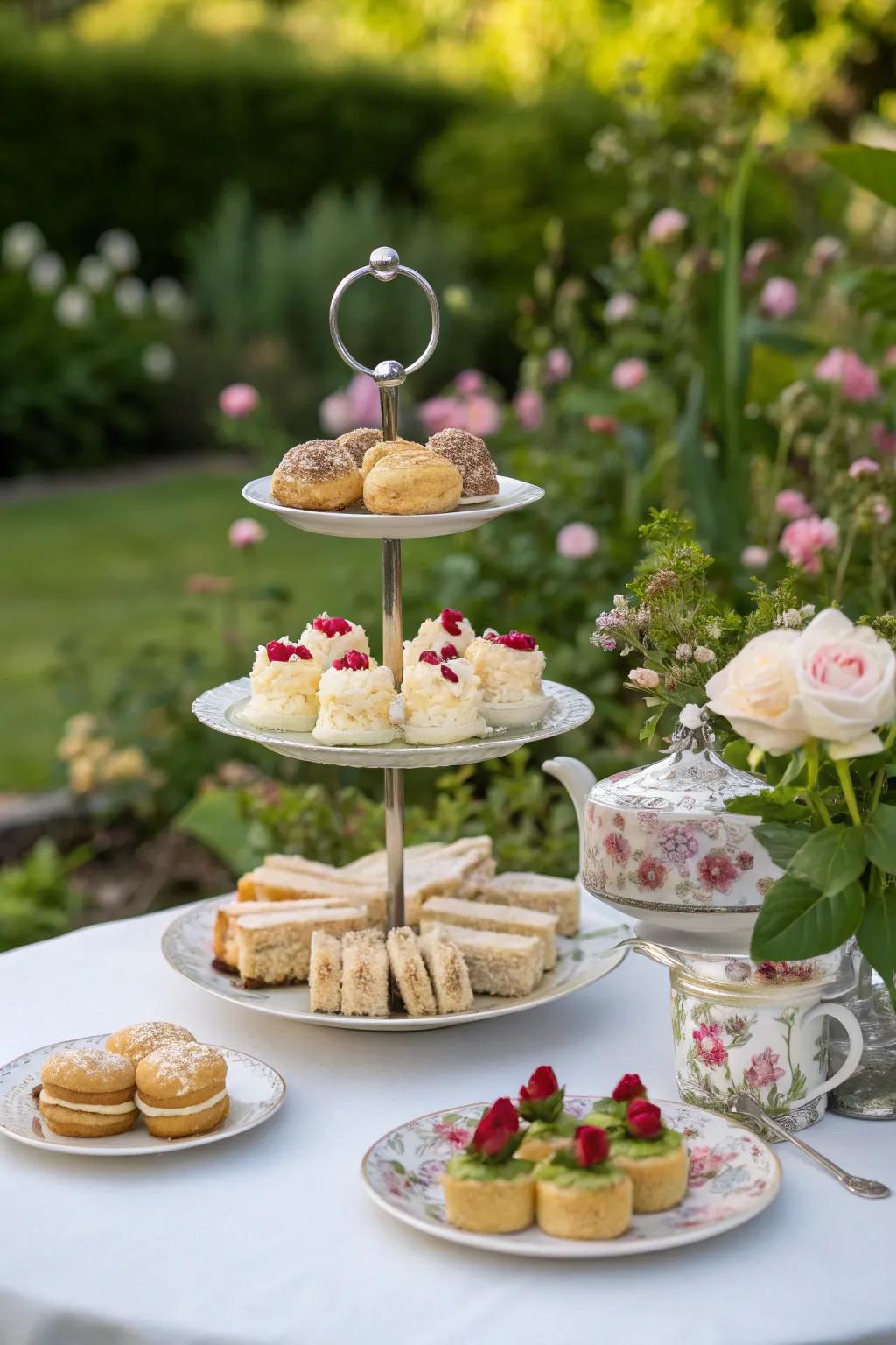 Tiered stands elegantly showcase a variety of tea-time treats.