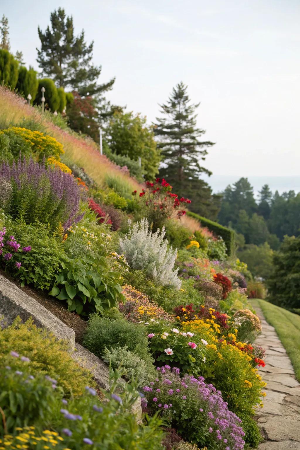 Layered planting introduces dimension and allure to a hillside garden.